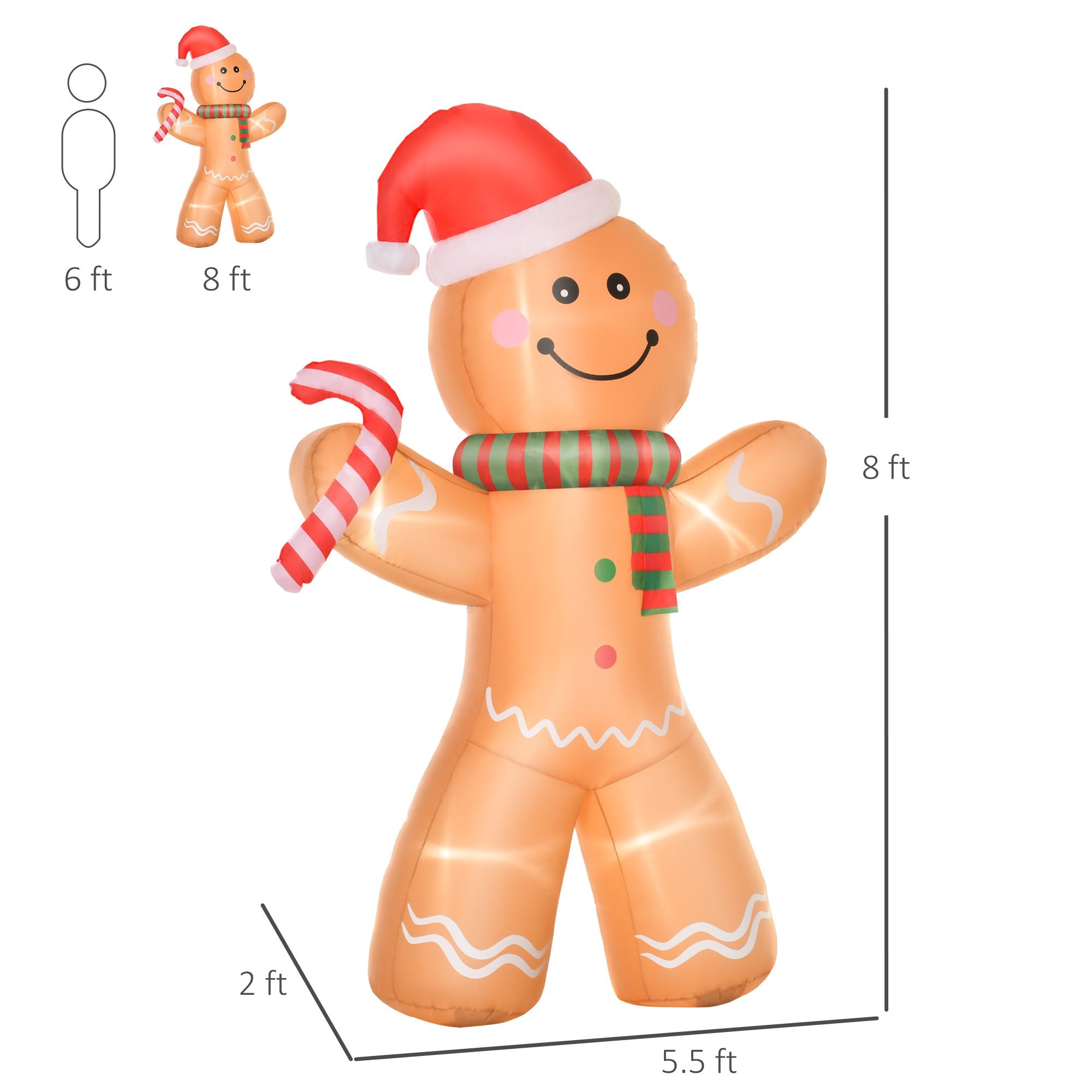 HOMCOM 2,4 m aufblasbarer Lebkuchenmann mit Zuckerstange, aufblasbare Weihnachtsdekoration für den Außenbereich mit LED-Beleuchtung