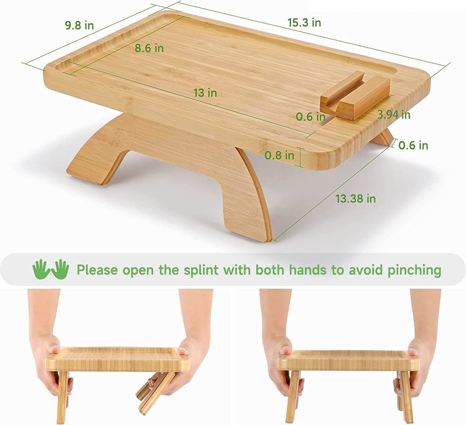 Bambus Sofa-Clip-Beistelltisch für breite Sofas, zusammenklappbares Couchtablett mit 360° drehbarer Handyhalterung, Armlehnentisch zum Essen/Trinken/Snacken/Fernbedienung