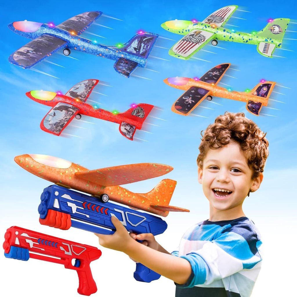 4er-Pack Flugzeug-Launcher-Spielzeug, 2 Flugmodi LED Schaumstoff-Flugzeug Spielzeug für Jungen, Outdoor Flugspielzeug Geburtstagsgeschenke für Jungen Mädchen 4 5 6 7 8 9 10 11 12 Jahre alt