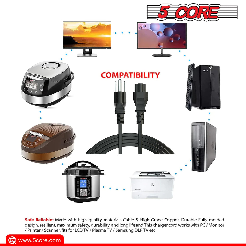 12ft 3-poliges, nicht polarisiertes AC-Netzkabel für HP Dell Samsung Sony Asus Acer Toshiba Laptop-Ladegerät, LED-LCD-Monitor Ersatz-Stromkabel PL 1002