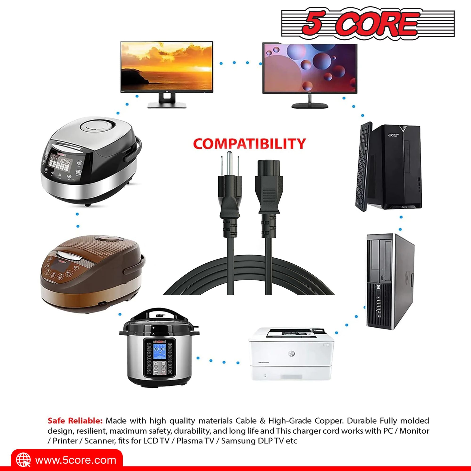 12ft 3-poliges, nicht polarisiertes AC-Netzkabel für HP Dell Samsung Sony Asus Acer Toshiba Laptop-Ladegerät, LED-LCD-Monitor Ersatz-Stromkabel PL 1002