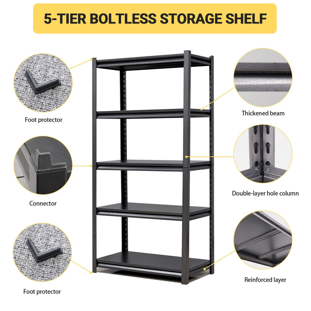 72 Zoll H, 5-stöckiges Metallregal für Lagerung, Garagenregal, 900 kg Schwerlastregal, verstellbares Garagenregal, industrielles Regal, Ablageregal, 90 cm B x 40 cm T x 183 cm H, Schwarz