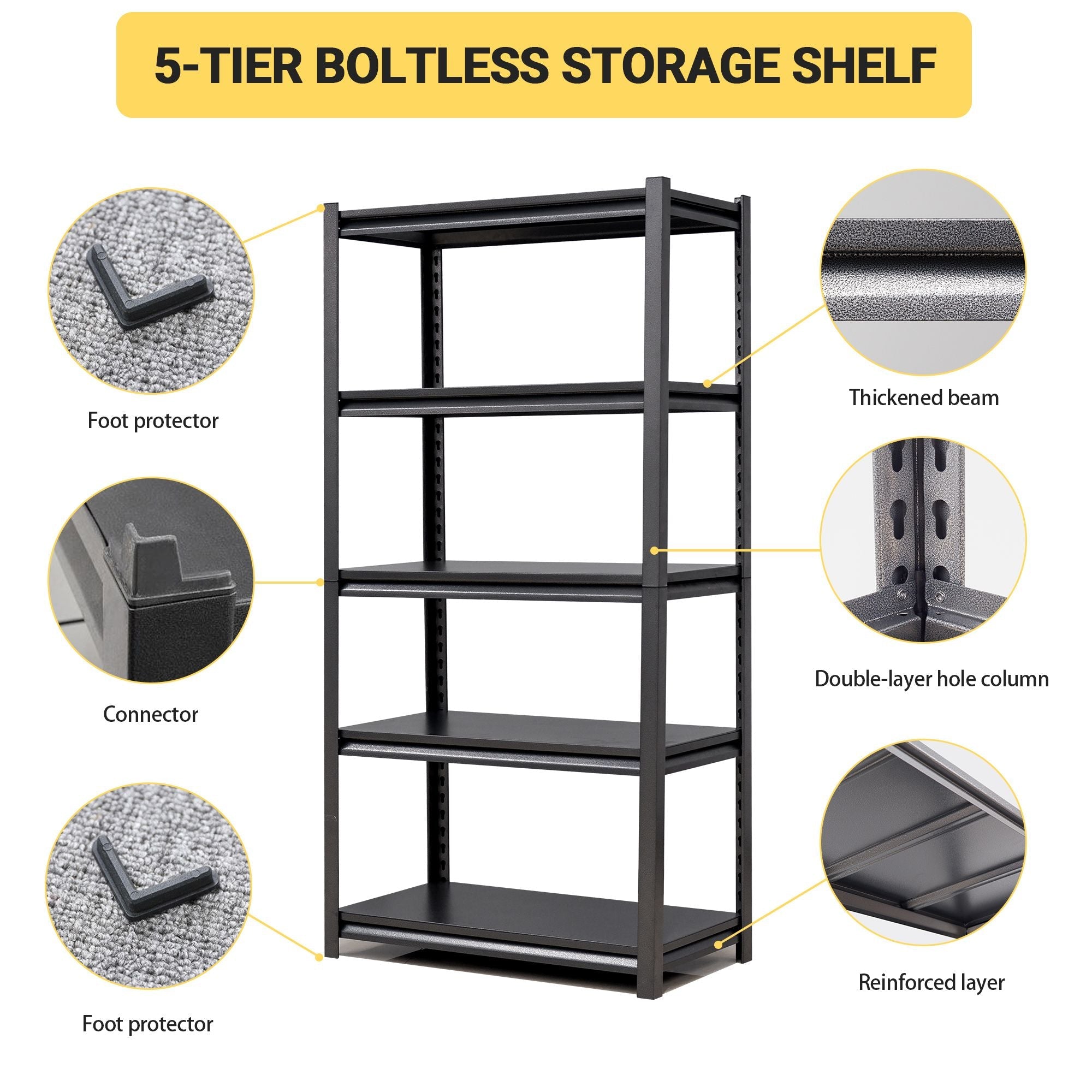 72 Zoll H, 5-stöckiges Metallregal für Lagerung, Garagenregal, 900 kg Schwerlastregal, verstellbares Garagenregal, industrielles Regal, Ablageregal, 90 cm B x 40 cm T x 183 cm H, Schwarz