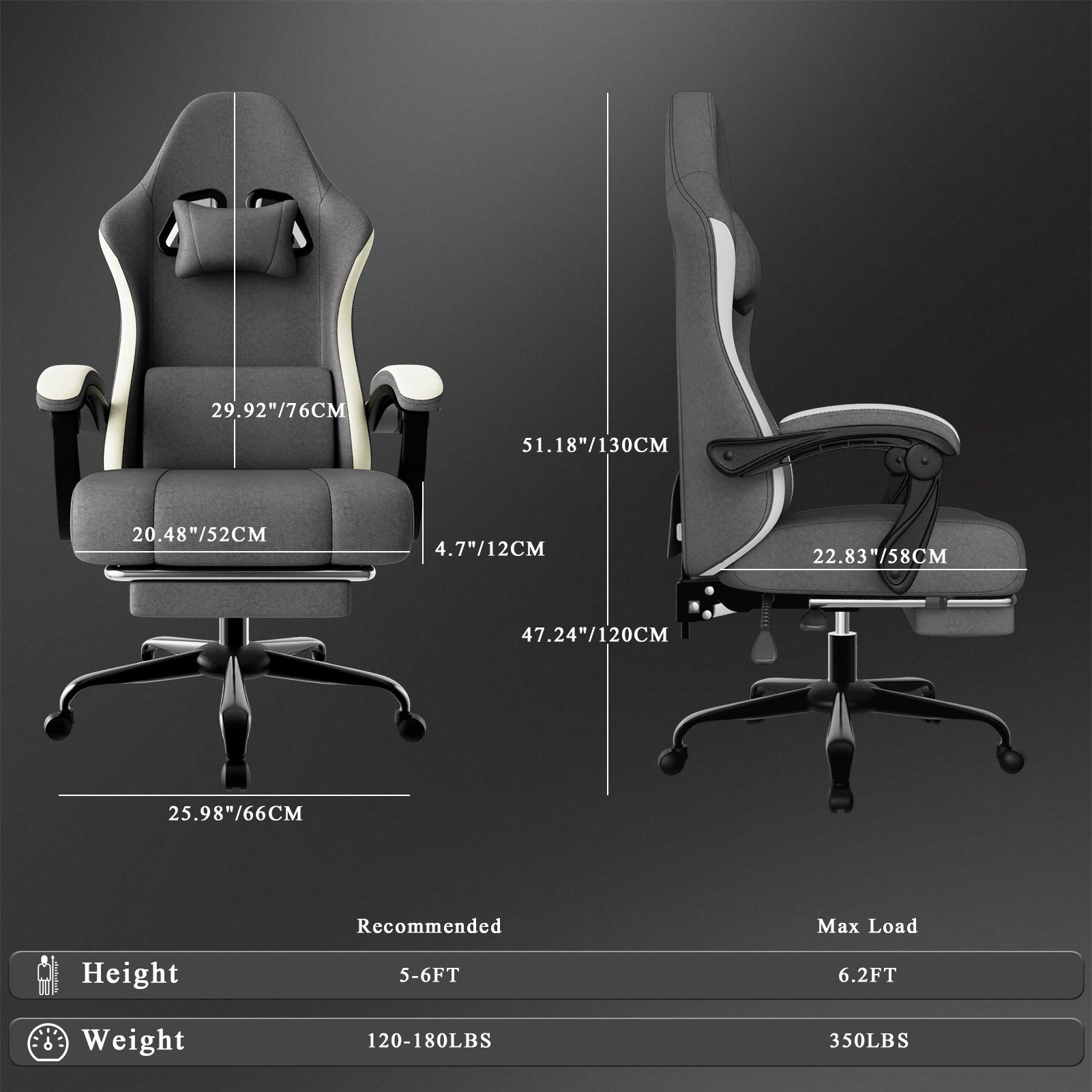 Chaise de jeu ergonomique avec coussin à ressorts ensachés, chaise d'ordinateur en tissu respirant avec repose-pieds, chaise de jeu vidéo avec soutien lombaire réglable pour adultes (Tissu)