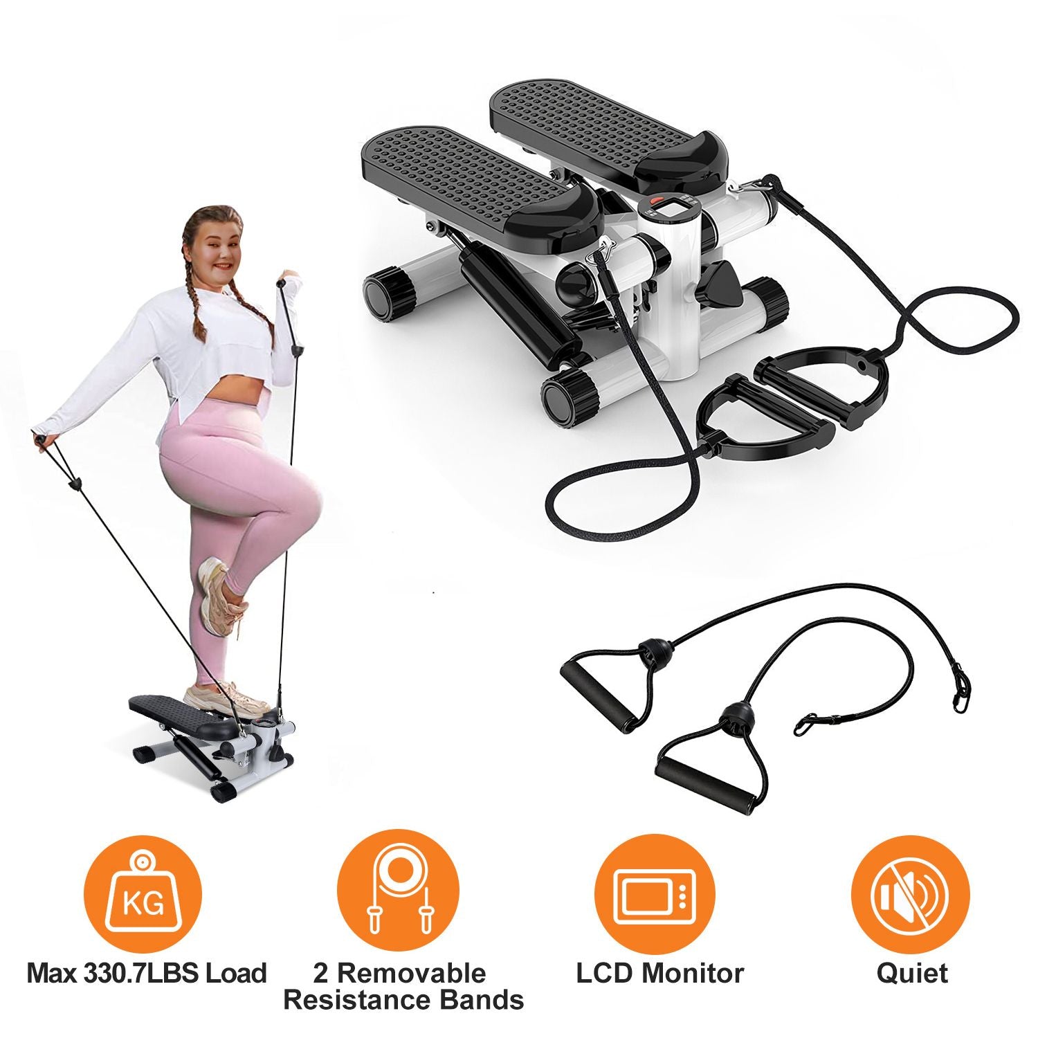 Heimtrainer Stepper für Damen Mini Fitness Stepper mit 2 Widerstandsbändern LCD-Monitor Max. 150 kg Belastung Treppensteiger Leiser Stepper