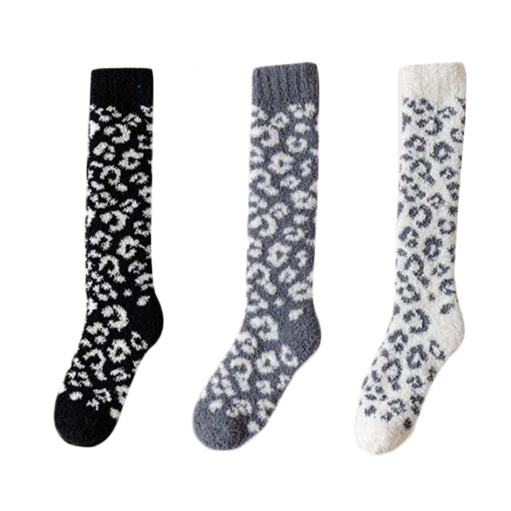 3 Paar Leopardenmuster Korallenvlies Socken Damen Wadenstrümpfe Flauschige Winterschlafstrümpfe, Schwarz Grau Weiß