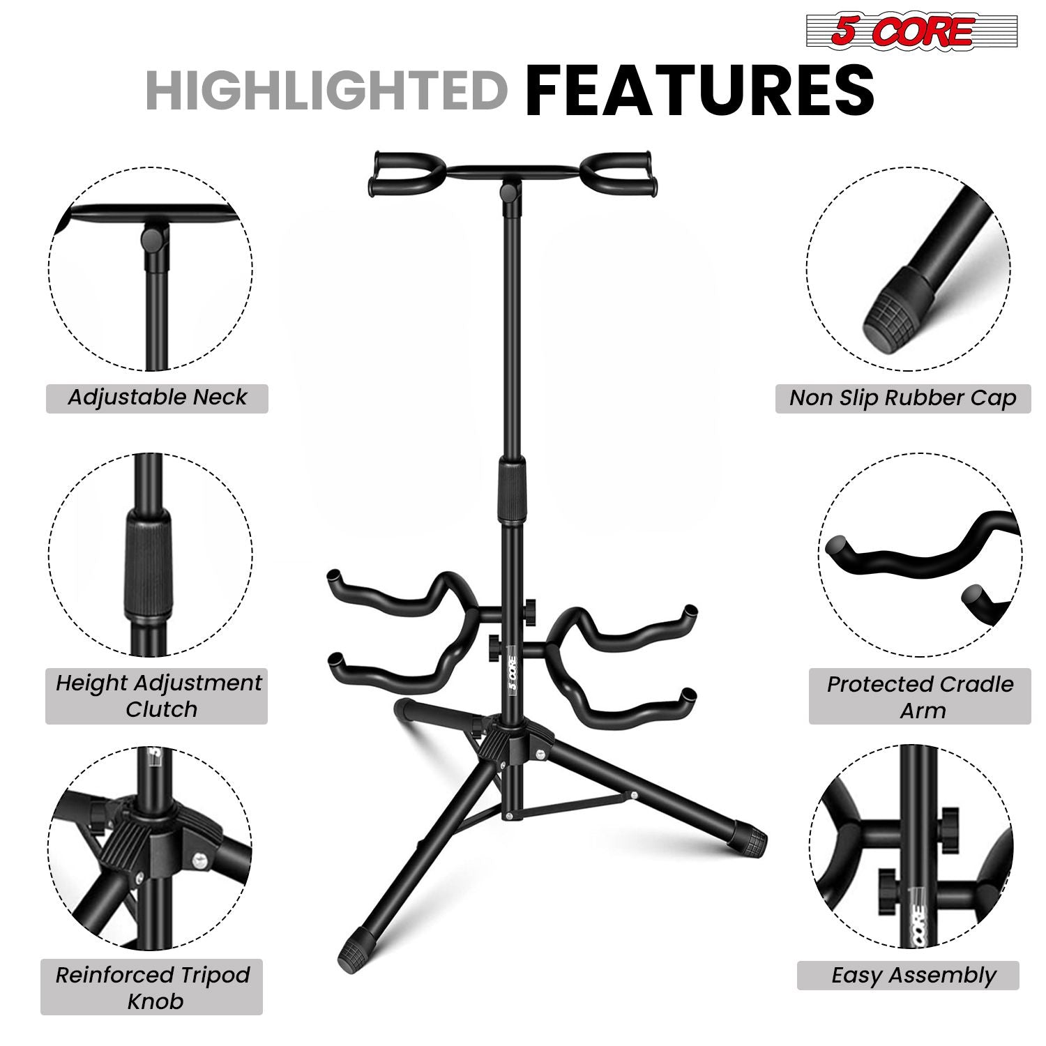 Support de guitare réglable double supports de guitare au sol avec support de manche universel pour instruments acoustiques électriques classiques basse pliable portable noir - GSH 2N1