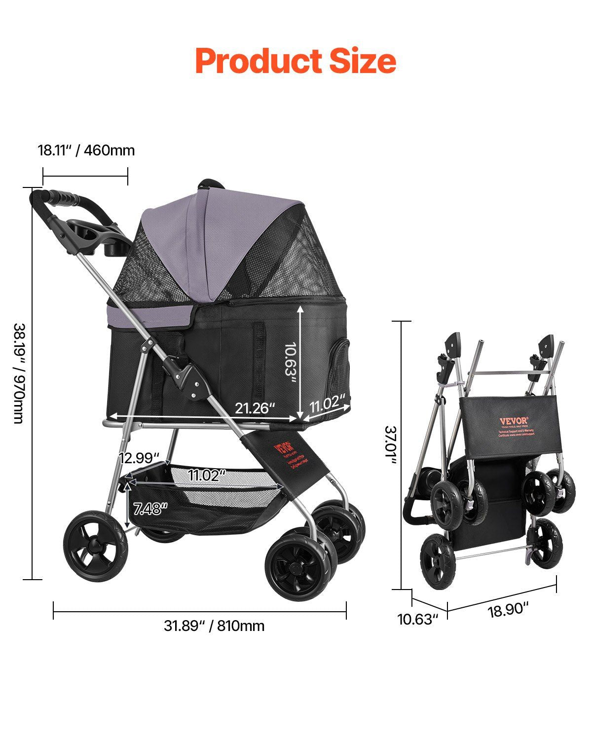 Tierkinderwagen - 16 kg Tragkraft, faltbarer Hundebuggy, 4-Rad-Katzenkinderwagen mit abnehmbarer Transportbox & Netzfenstern, tragbare Tierbox mit Bremse für kleine bis mittelgroße Haustiere