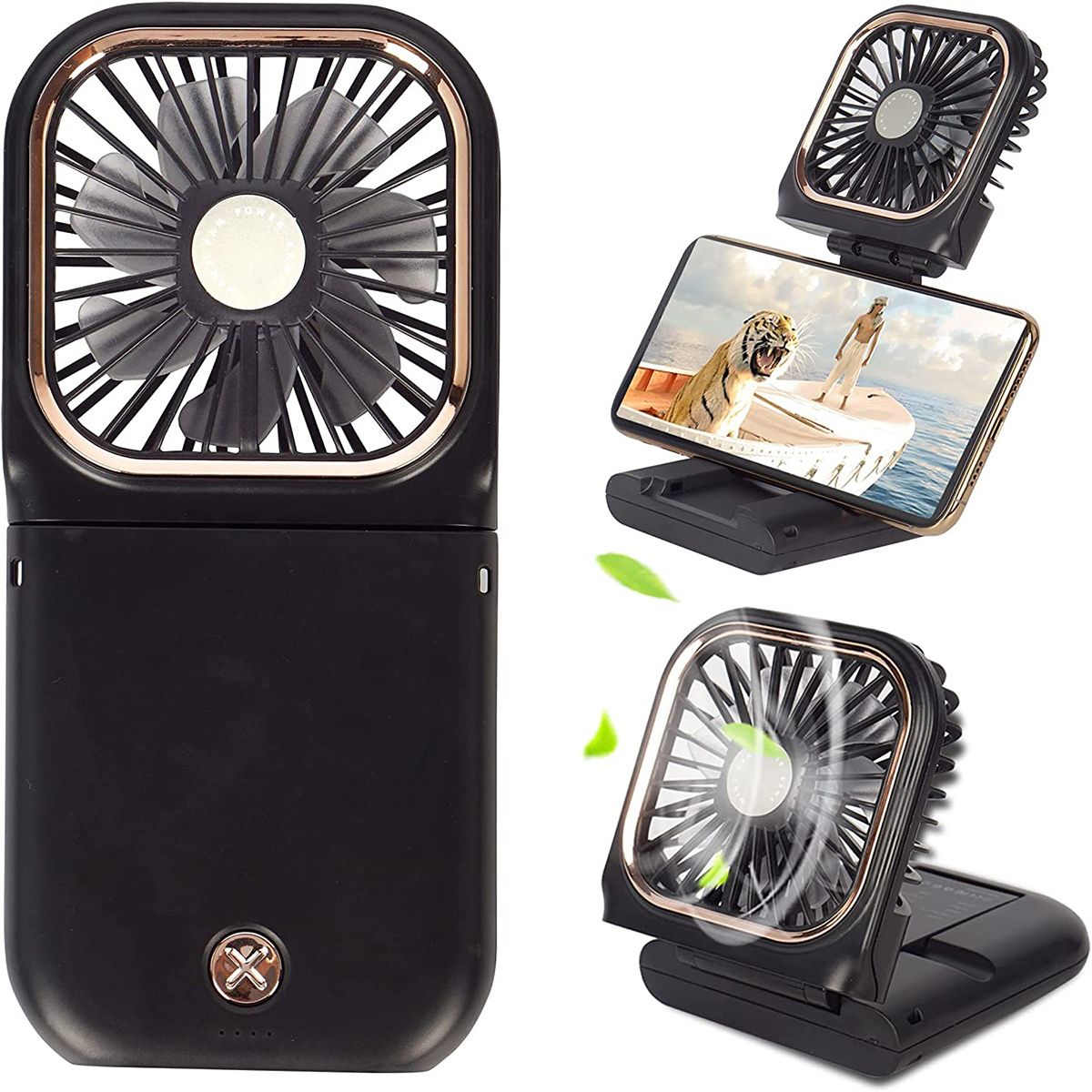 Mini ventilateur portatif ; Mini ventilateur USB avec batterie externe rechargeable ; Petit ventilateur personnel à 3 vitesses ; Ventilateur de bureau pliable avec batterie de 3000 mAh ; Ventilateur de cou avec cordon