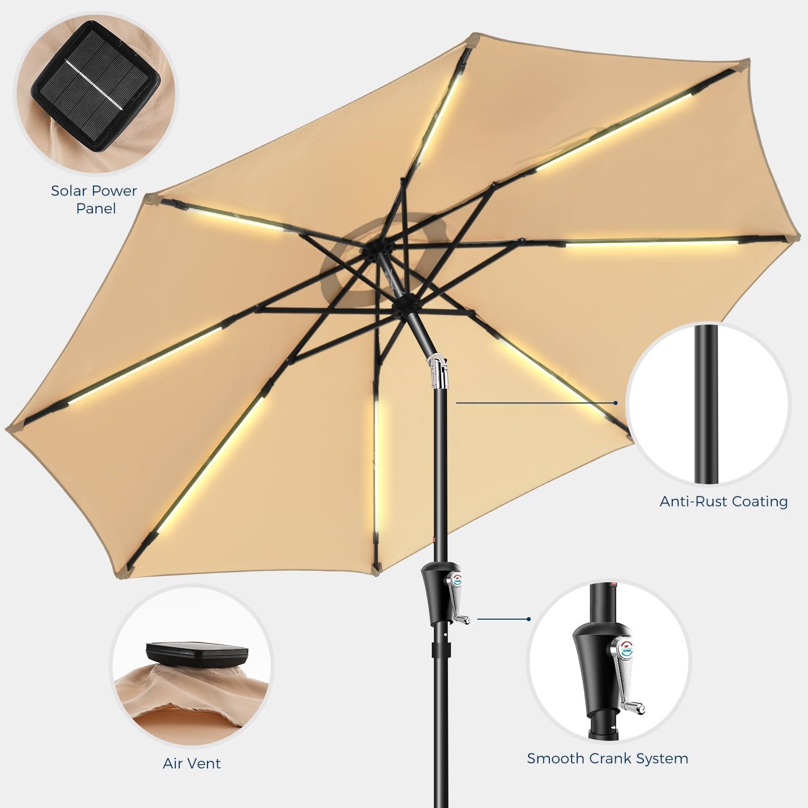 9FT Solar LED Terrassenschirm für Garten, Hinterhof & Pool – Beleuchteter Sonnenschirm mit leichtgängiger Kurbel in Beige