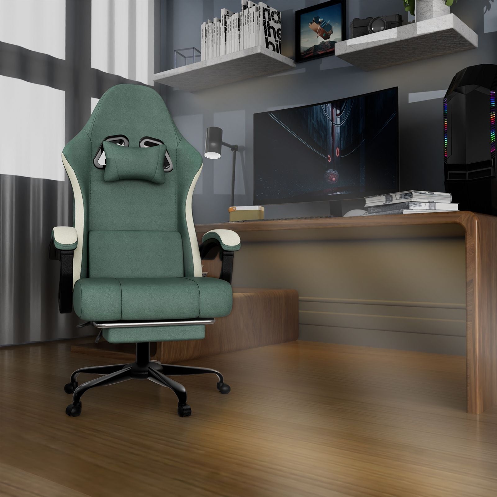 Chaise de jeu ergonomique avec coussin à ressorts ensachés, chaise d'ordinateur en tissu respirant avec repose-pieds, chaise de jeu vidéo avec soutien lombaire réglable pour adultes (Tissu)