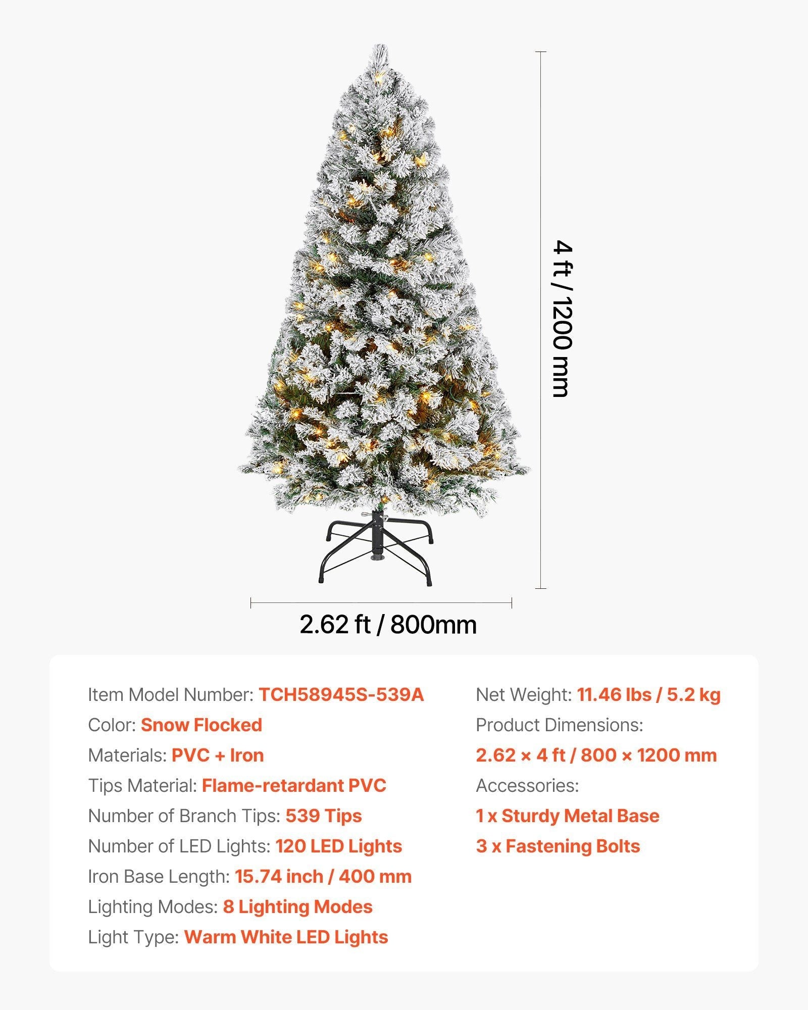 VEVOR Weihnachtsbaum, 1,2 m großer, vorbeleuchteter, beflockter Kunstbaum, voller Weihnachtsbaum mit 120 warmweißen LED-Lichtern, 8 Beleuchtungsmodi und 539 Zweigspitzen für Heim-, Party- und Bürodekoration