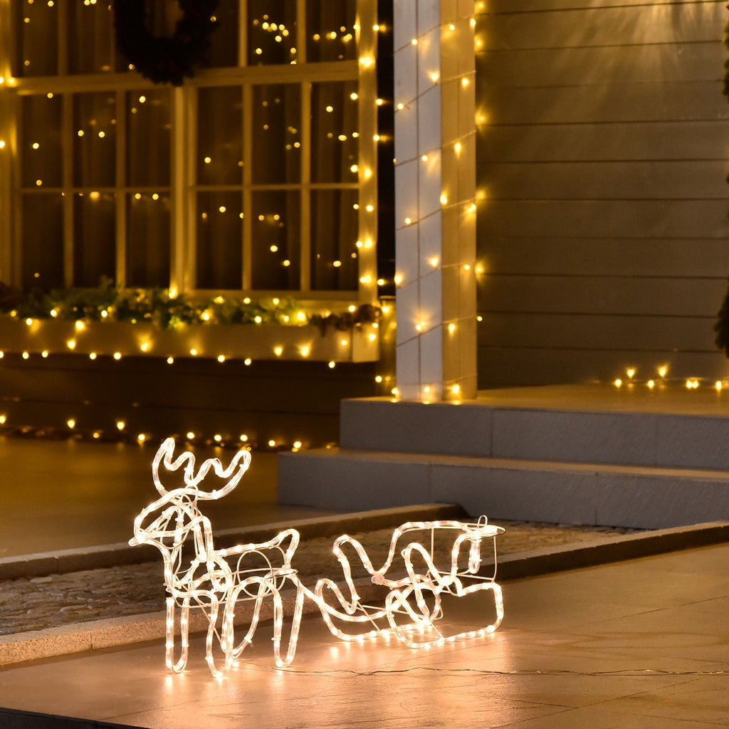 Outsunny LED Weihnachtsrentier und Schlitten Deko 35 warmweiße Lichter Stahlrahmen für Hof Innen- und Außenbereich