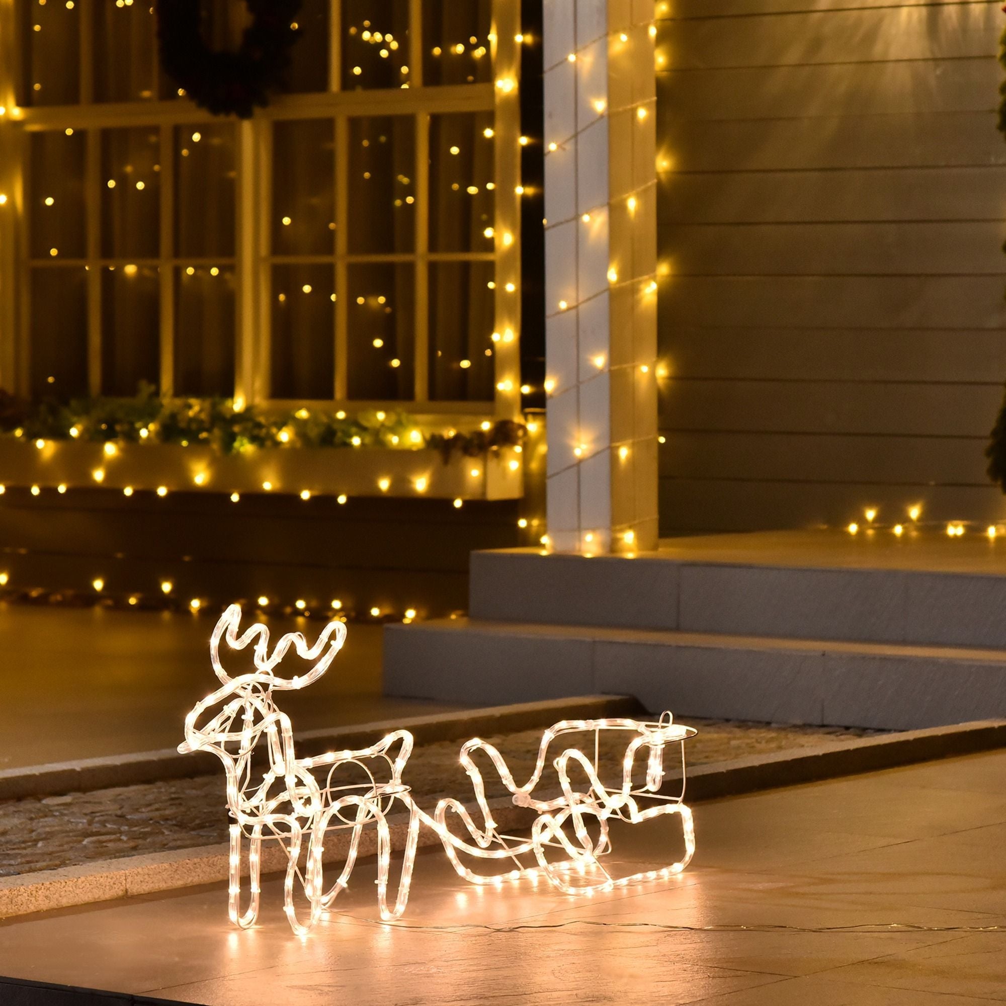 Outsunny LED Weihnachtsrentier und Schlitten Deko 35 warmweiße Lichter Stahlrahmen für Hof Innen- und Außenbereich