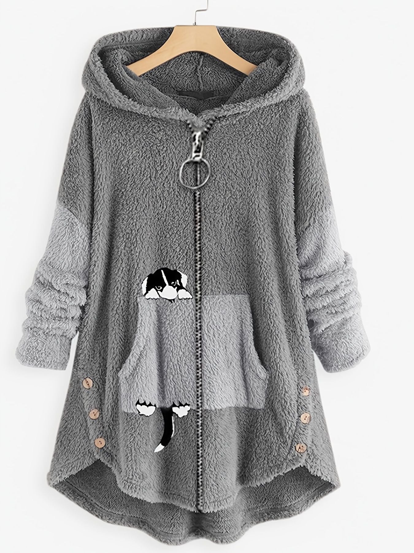 Große Größen Cartoon Welpendruck Colorblock Hoodie mit Reißverschluss, flauschiger Mantel; Damen Plus Size leichter Stretch Freizeit-Mantel