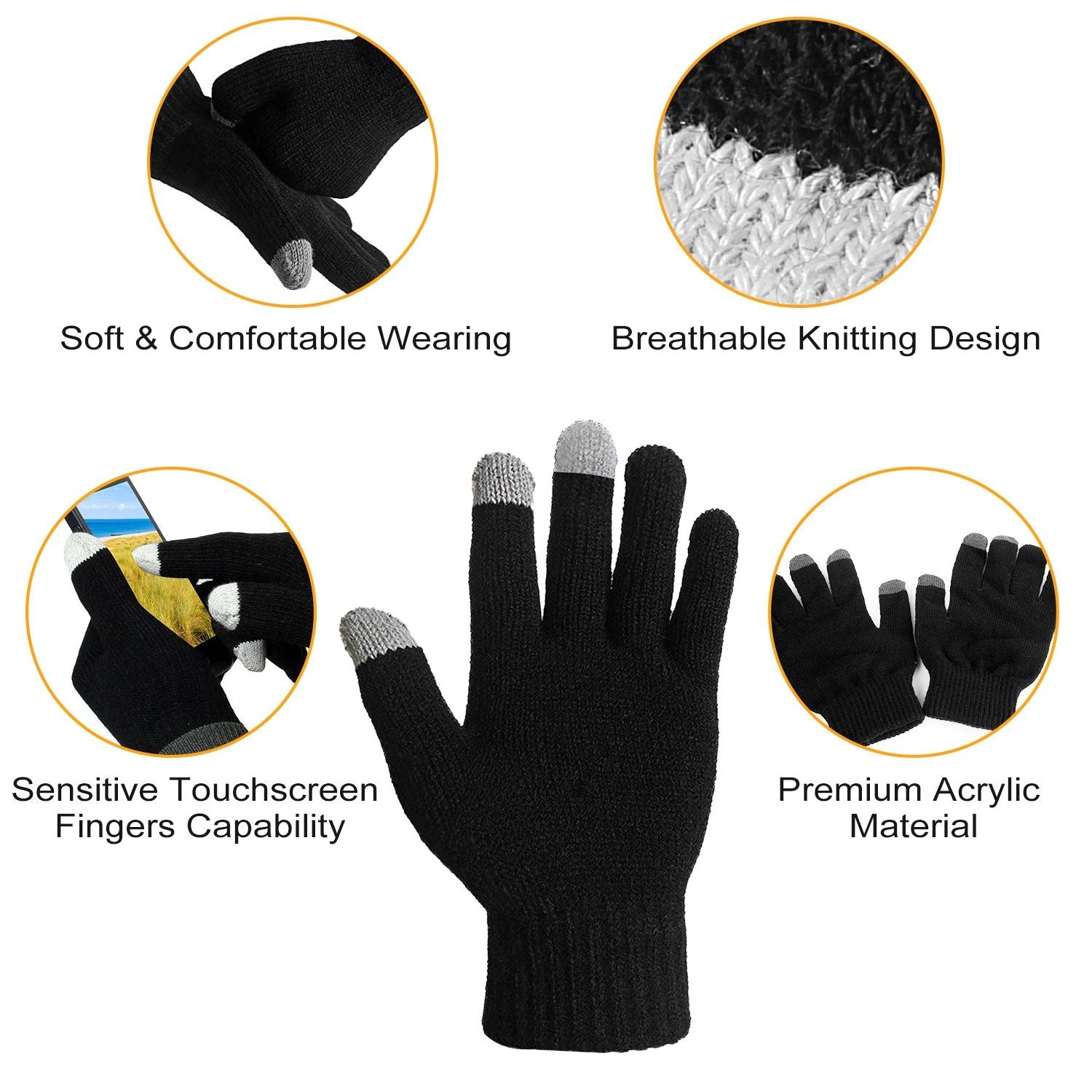 Gants écran tactile unisexe à doigts complets Gants tricotés chauds d'hiver pour la chaleur Course Cyclisme Camping Randonnée