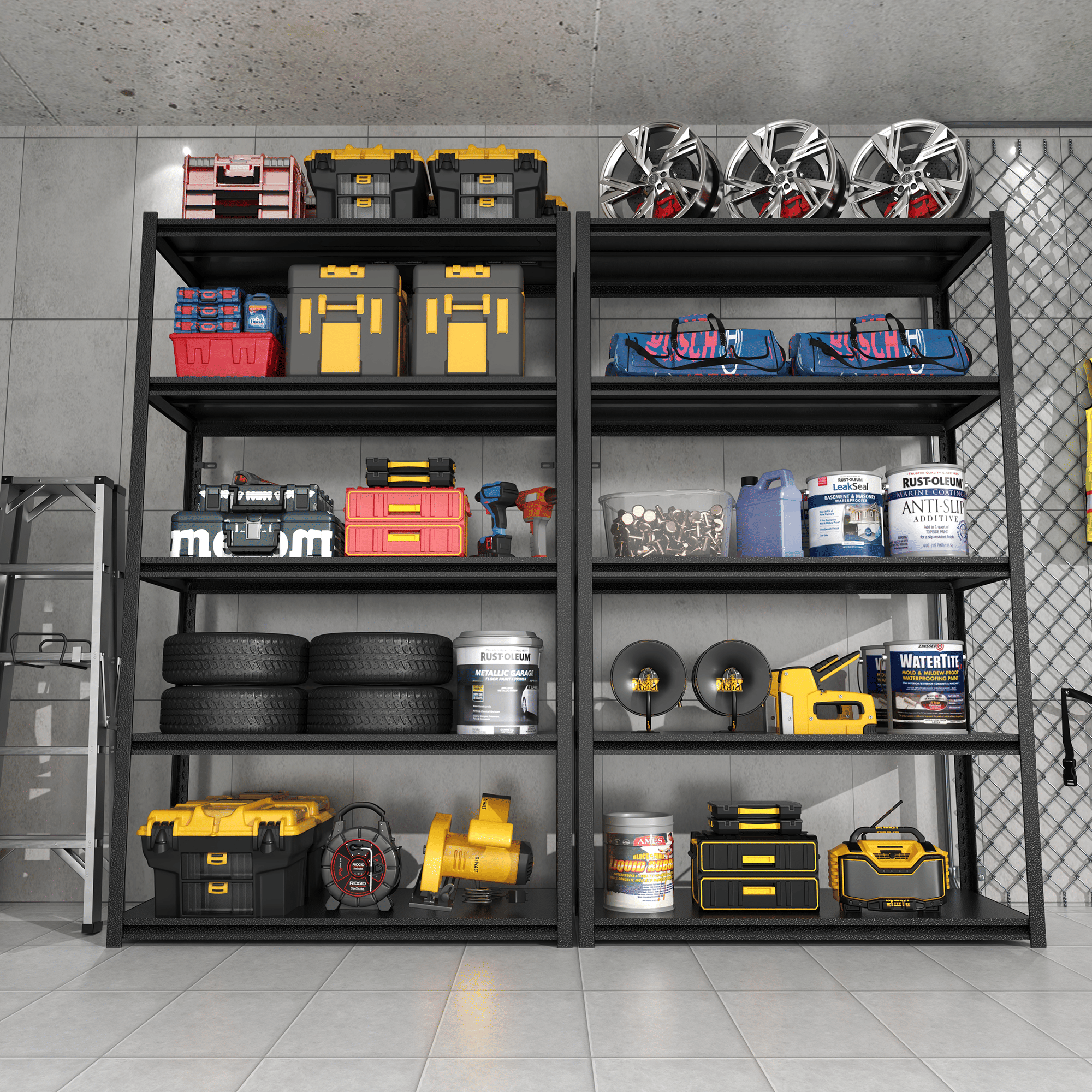 72 Zoll H, 5-stöckiges Metallregal für Lagerung, Garagenregal, 900 kg Schwerlastregal, verstellbares Garagenregal, industrielles Regal, Ablageregal, 90 cm B x 40 cm T x 183 cm H, Schwarz