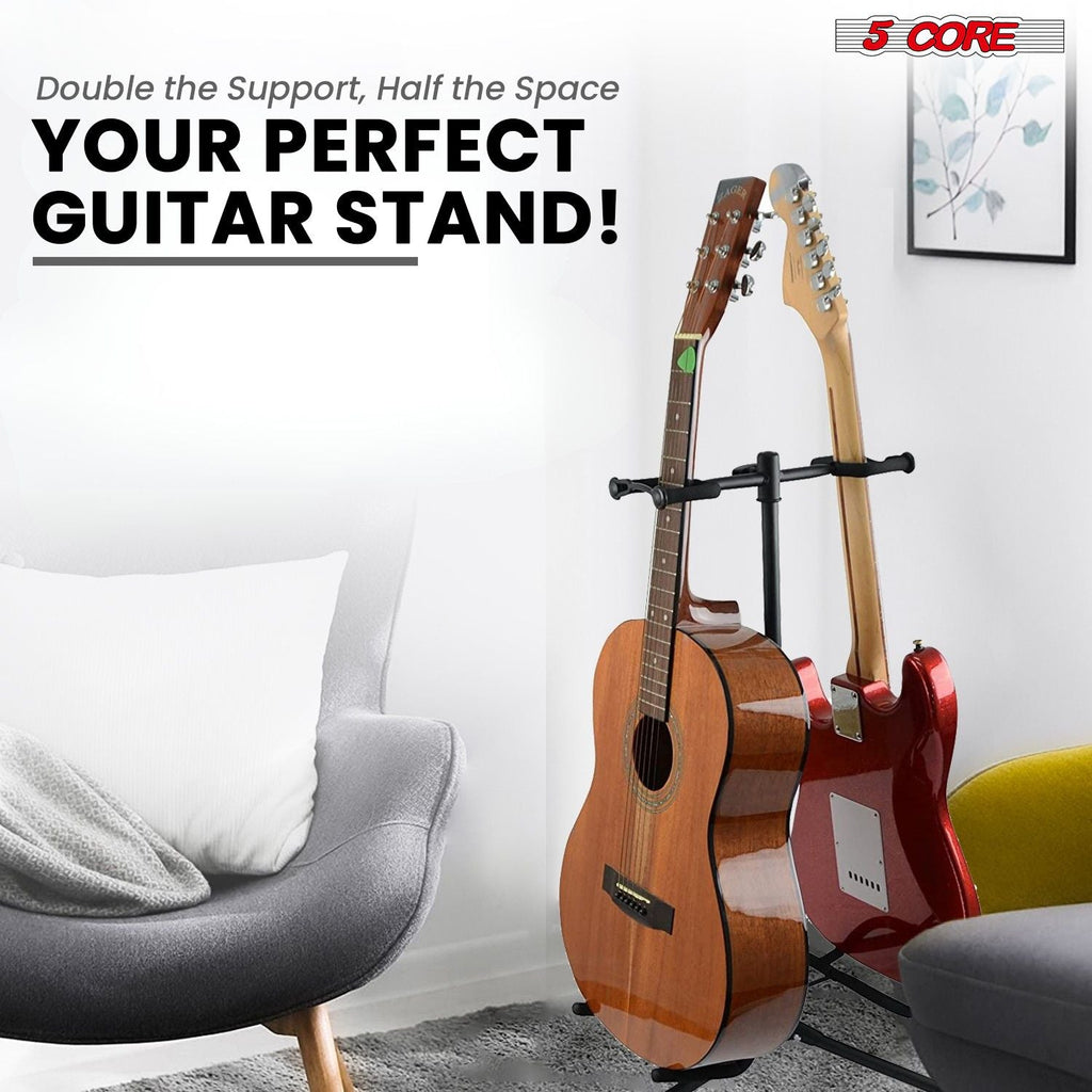 Support de guitare réglable double supports de guitare au sol avec support de manche universel pour instruments acoustiques électriques classiques basse pliable portable noir - GSH 2N1