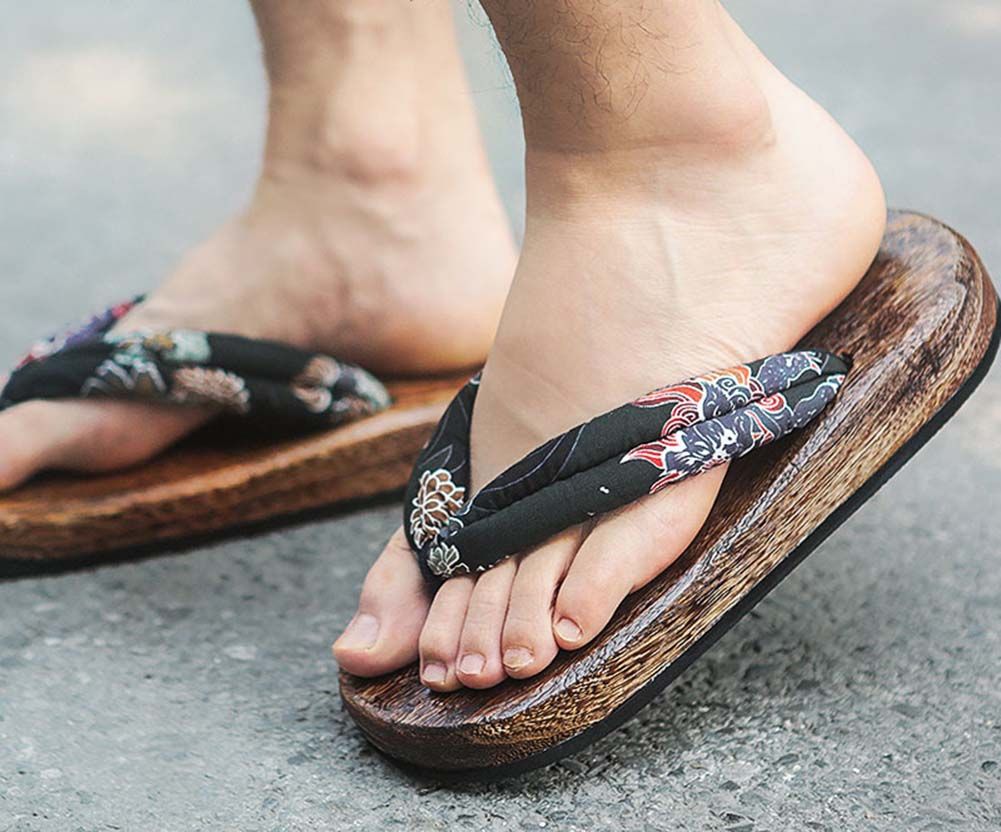 Japanische Holzclogs für Herren Sandalen Japan Traditionelle flache Schuhe Schwarzes Kirin-Muster Rutschfeste Geta