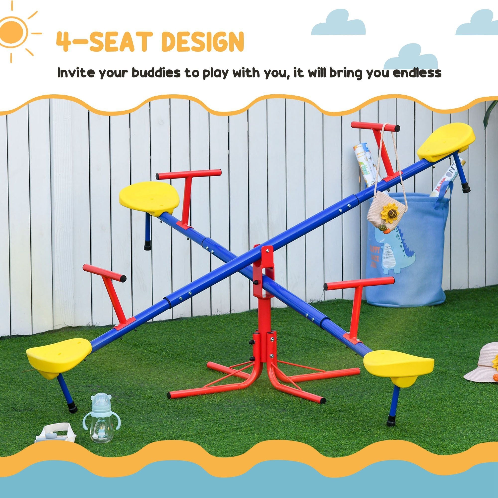 Outsunny Balançoire à bascule pour enfants, avec rotation à 360°, 4 places, équipement de jeu d'extérieur pour jardin, garçons et filles de 3 à 8 ans