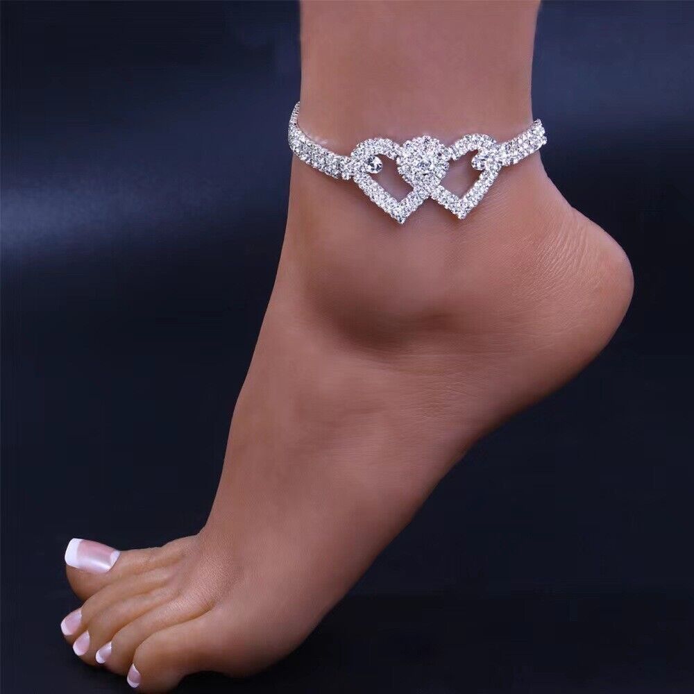 Doppel Herz Fußkettchen Armband Liebe Barfußkette Bling Kristall Fußkettchen US