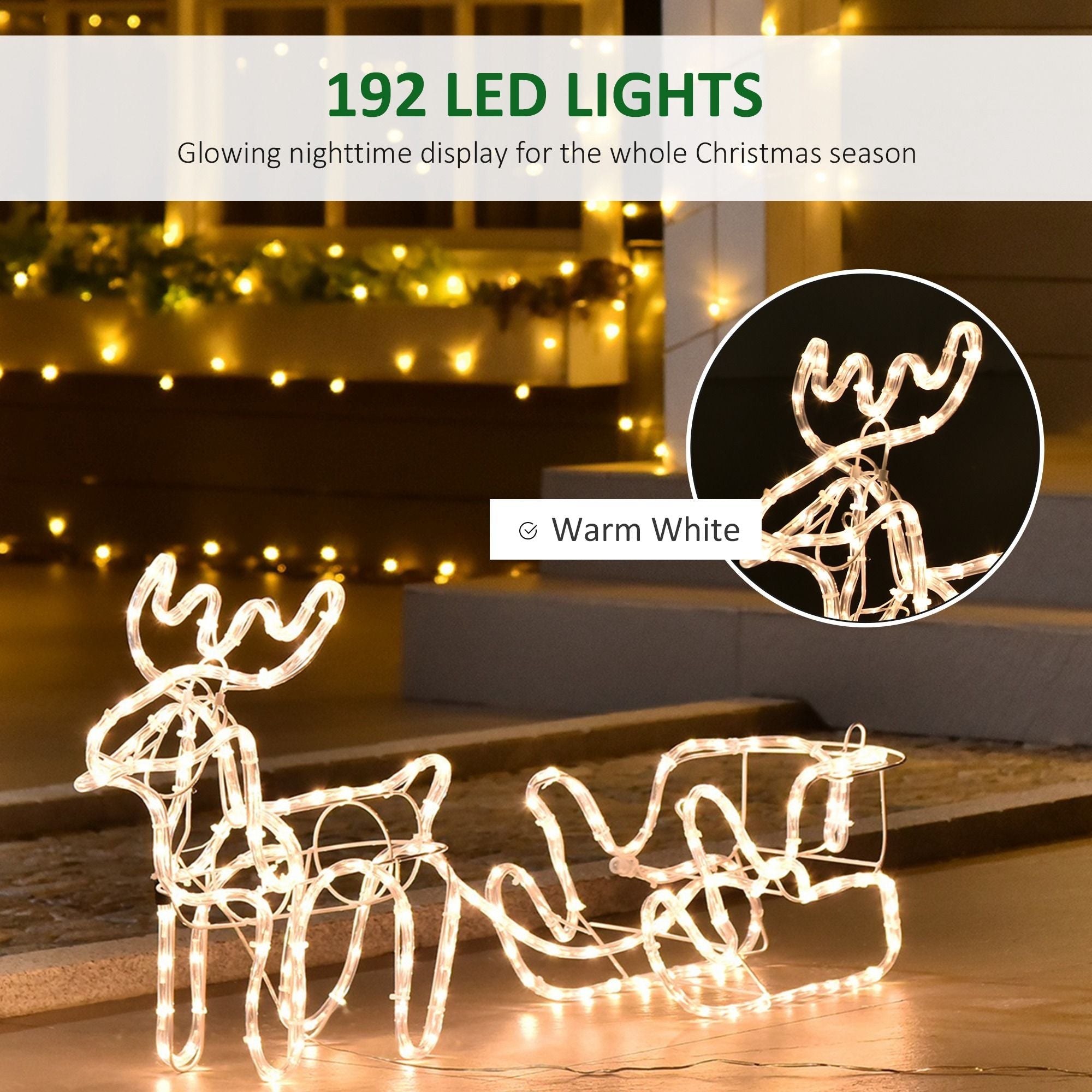 Outsunny LED Weihnachtsrentier und Schlitten Deko 35 warmweiße Lichter Stahlrahmen für Hof Innen- und Außenbereich