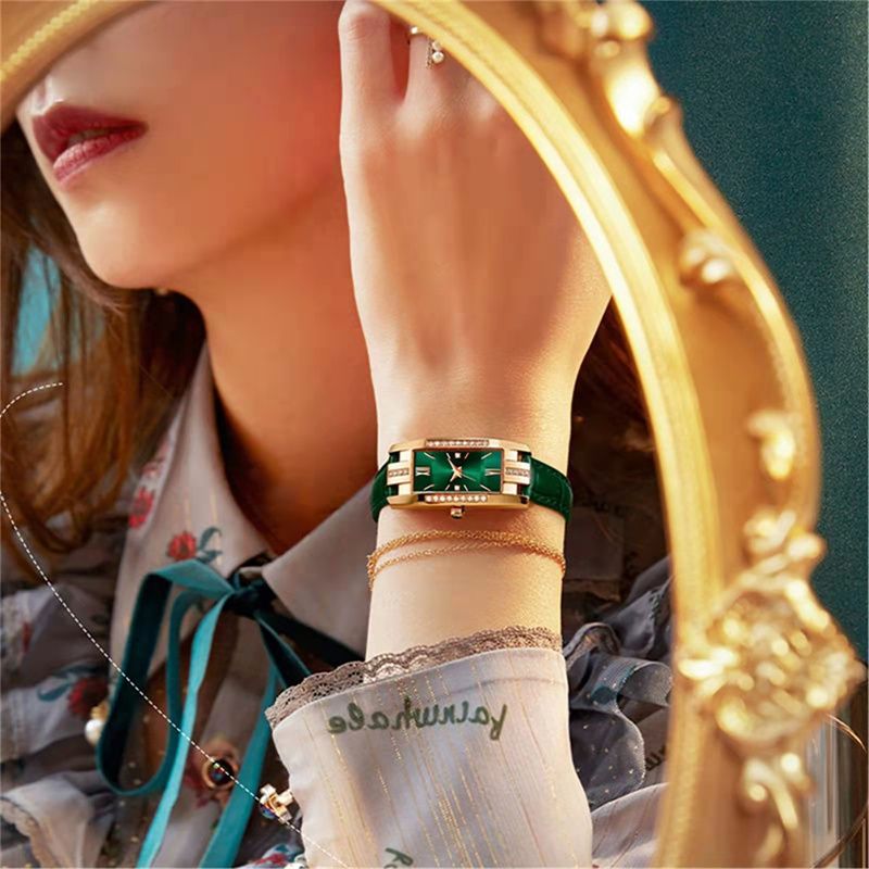 Damenuhren Mode Quadratische Damen Quarzuhr Armband Set Grünes Zifferblatt Einfache Leder Luxus Damenuhren