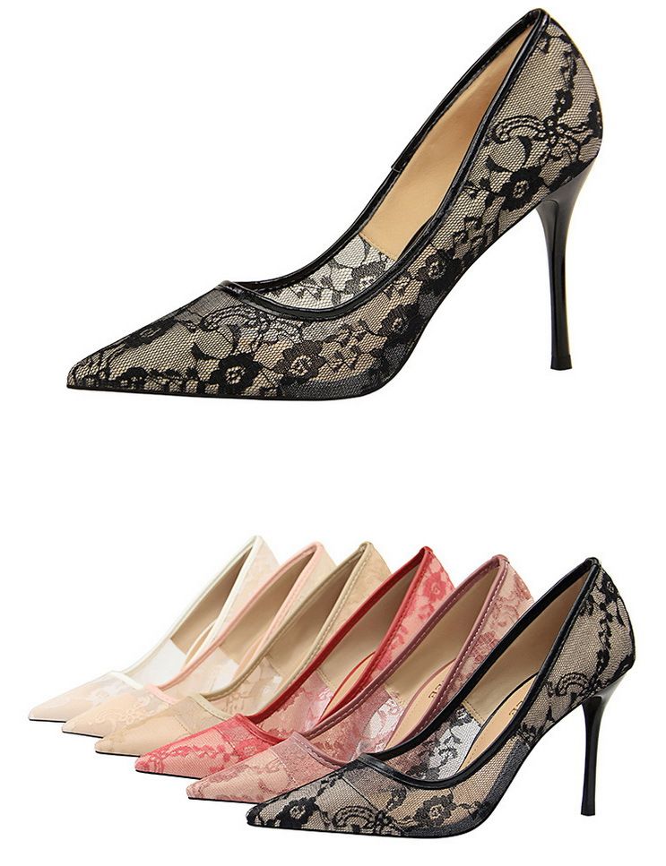 Damenpumps; sexy High Heels; Damenschuhe; Stiletto-Absätze; spitze High Heels; Mesh-Ausschnitte mit Spitzenbesatz