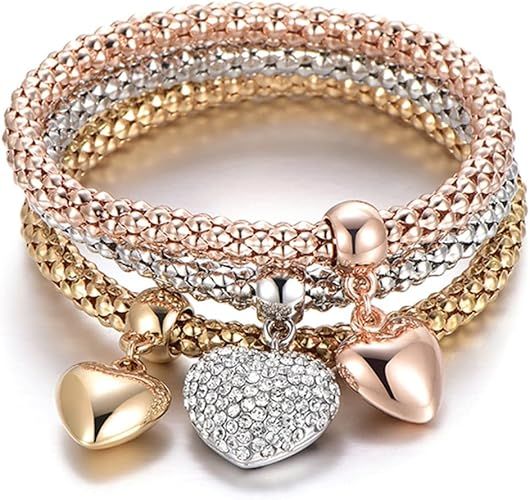 Bracelets multicouches breloques en cristal - Lot de 3 bracelets chaînes maïs or/argent/or rose pour femmes, bracelet extensible en forme de cœur Arbre de Vie