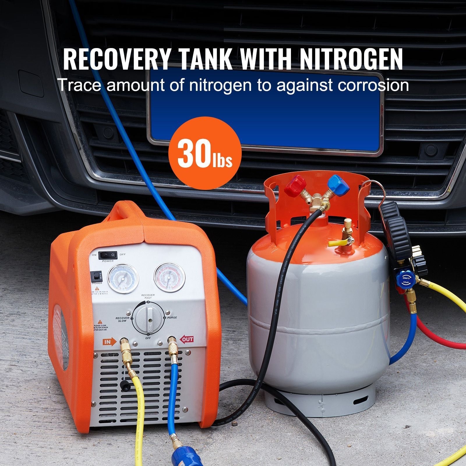 Bouteille de récupération de réfrigérant, capacité de 13,6 kg, bouteille de cylindre portable de 400 psi avec vanne Y pour liquide/vapeur, bidon de récupération haute étanchéité pour R22/R134A/R410A, orange+gris