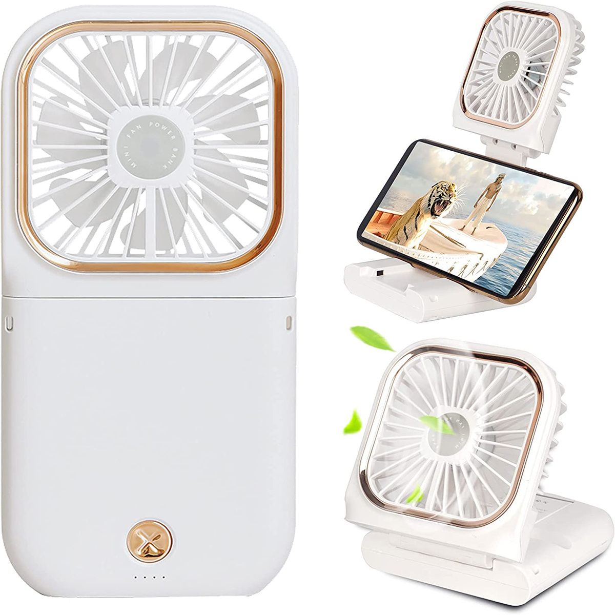 Mini ventilateur portatif ; Mini ventilateur USB avec batterie externe rechargeable ; Petit ventilateur personnel à 3 vitesses ; Ventilateur de bureau pliable avec batterie de 3000 mAh ; Ventilateur de cou avec cordon
