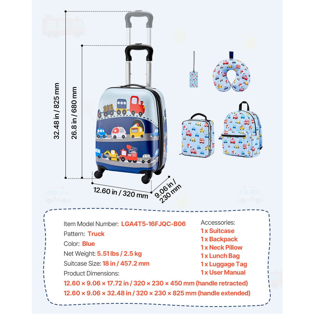 Kinder-Gepäckset, 5-teilig, 18 Zoll Hartschalenkoffer mit Rollen, Rucksack & U-förmigem Kissen, LKW Kinder-Handgepäckset, Urlaubs-Geburtstagsgeschenk für Mädchen Jungen, Fluggesellschaften genehmigt