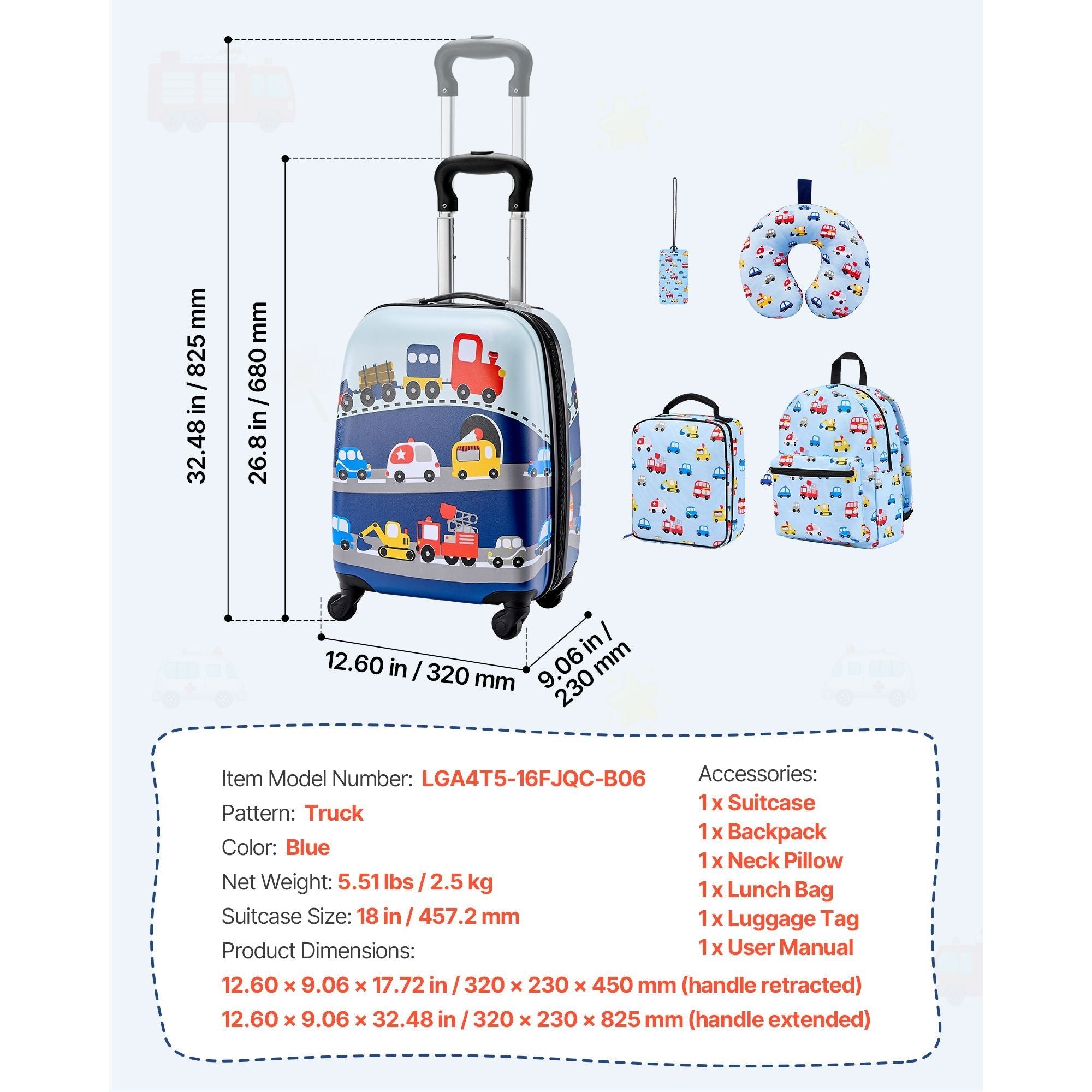Kinder-Gepäckset, 5-teilig, 18 Zoll Hartschalenkoffer mit Rollen, Rucksack & U-förmigem Kissen, LKW Kinder-Handgepäckset, Urlaubs-Geburtstagsgeschenk für Mädchen Jungen, Fluggesellschaften genehmigt