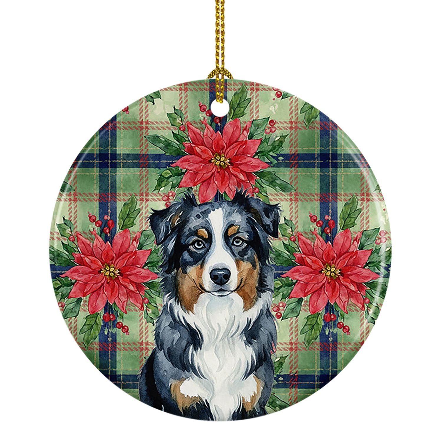 Schwarzer Australian Shepherd Weihnachts-Poinsettien Keramik-Ornament Weihnachtsbaumschmuck für Zuhause Weihnachten, Party, Geschenk, 7,6 cm, Mehrfarbig