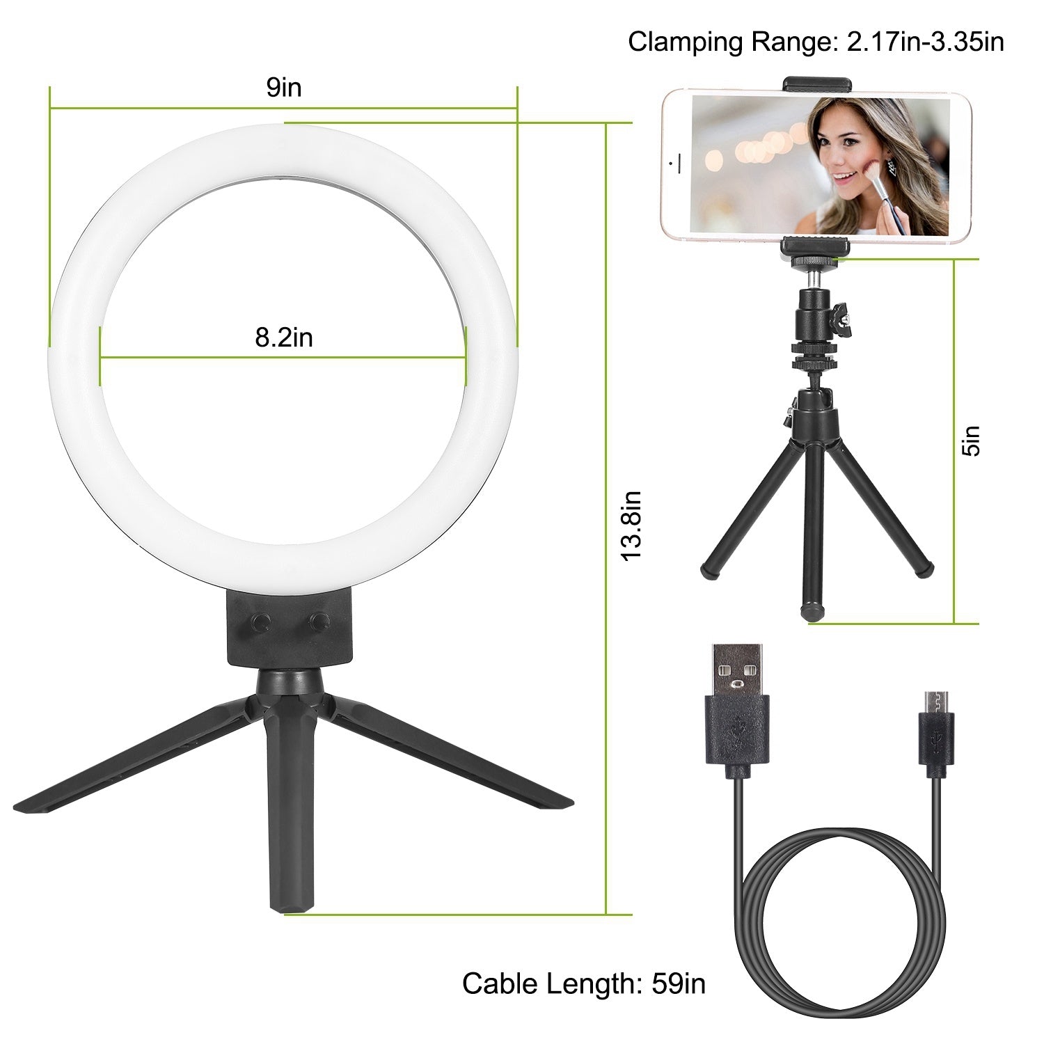 9" Dimmbare LED-Ringlampe mit Stativ, Telefon, Selfie-Kamera, Studio, Foto, Video, Make-up-Lampe