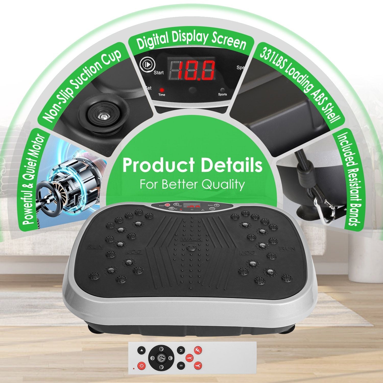 Appareil de fitness vibrant avec bandes de résistance, télécommande, plateforme vibrante pour le corps entier, équipement d'entraînement à domicile pour la perte de poids et la combustion des graisses