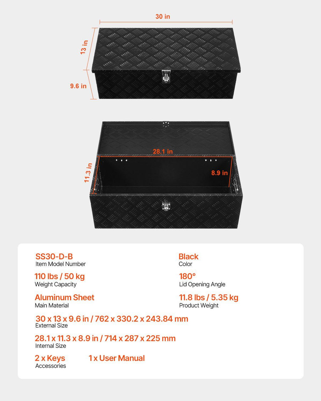 30"x13"x9.6" Schwerlast-Aluminium-Werkzeugkasten für Pickup-Wohnmobil, Schwarz