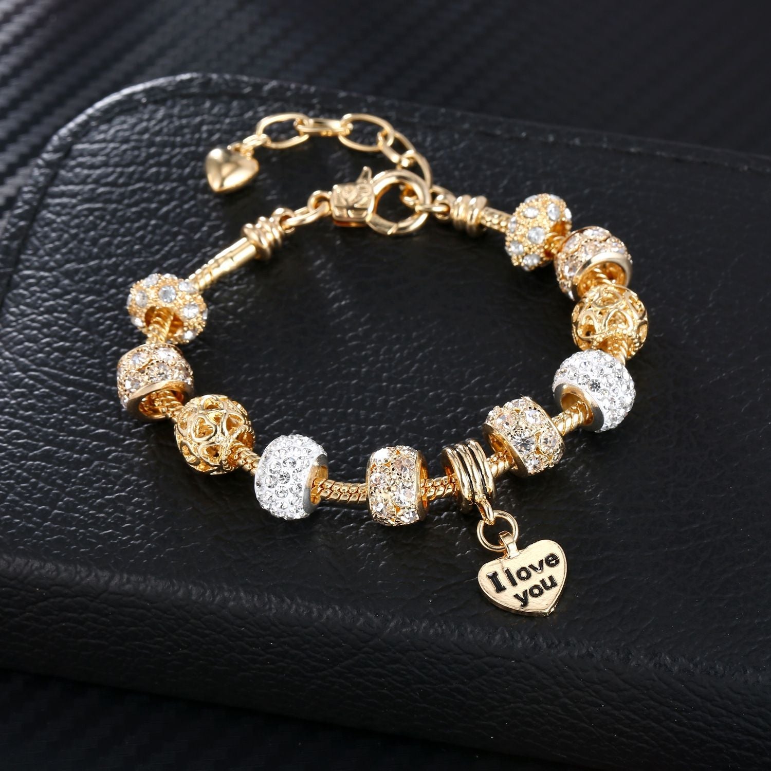 Herz-Charm-Armband mit Verlängerung, vergoldete Schlangenkette, Armbänder mit Zirkonia-Kristallperlen und Anhängern