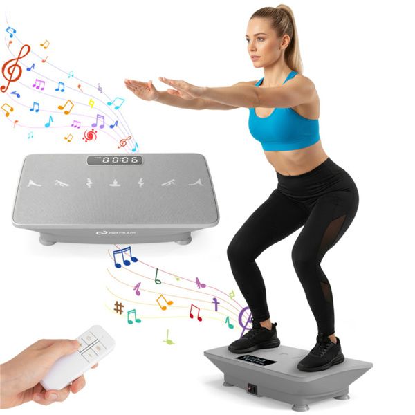 Graue Ganzkörper-Vibrationsplatte, 10 einstellbare Geschwindigkeitsstufen mit Fernbedienung & Musikfunktion, 200 kg Tragkraft