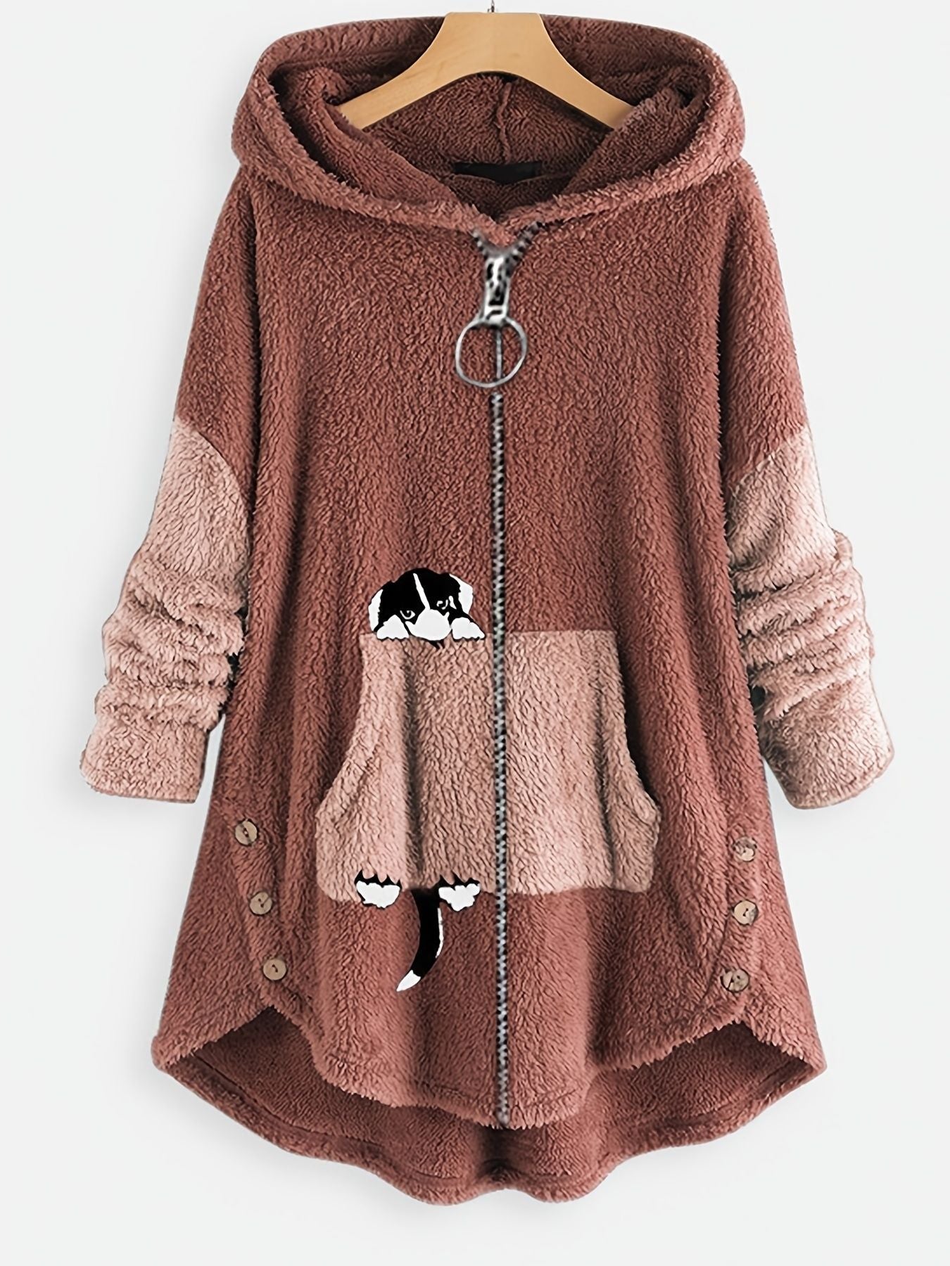 Große Größen Cartoon Welpendruck Colorblock Hoodie mit Reißverschluss, flauschiger Mantel; Damen Plus Size leichter Stretch Freizeit-Mantel