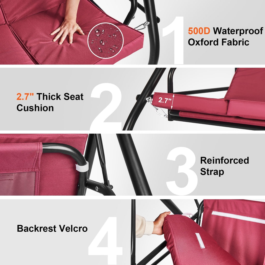 3-Seat Patio Swing Chair, Converting Canopy Swing, Outdoor Patio Porch with Adjustable Canopy, Removable Thick Cushion and Alloy Steel Frame, for Balcony, Backyard, Poolside, Burgundy