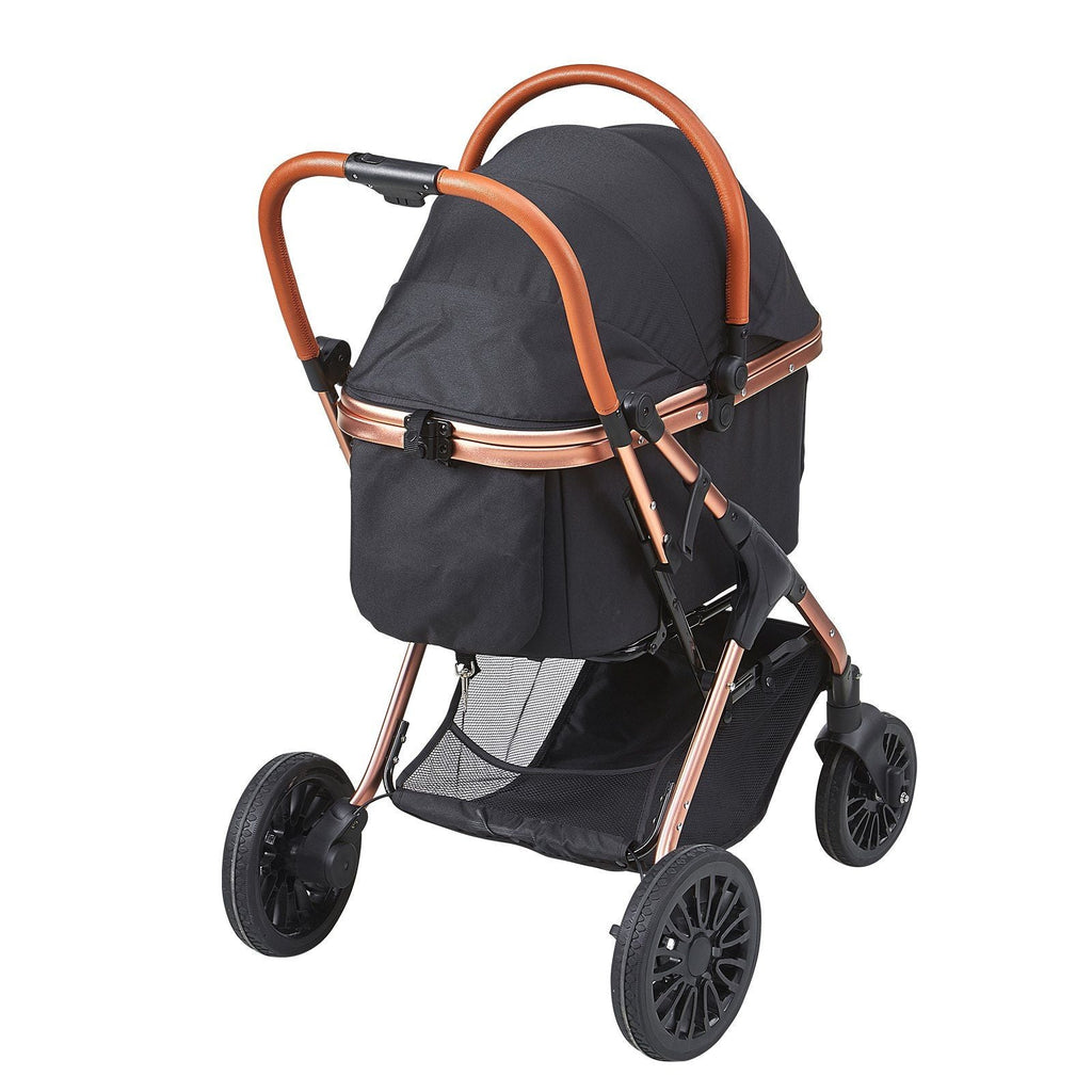 Tierkinderwagen – 4 Räder Hundebuggy drehbar mit Bremsen, 30 kg Tragkraft, Welpenwagen mit abnehmbarer Transportbox, Aufbewahrungskorb und Haustiermatte, für kleine bis mittelgroße Hunde, Schwarz