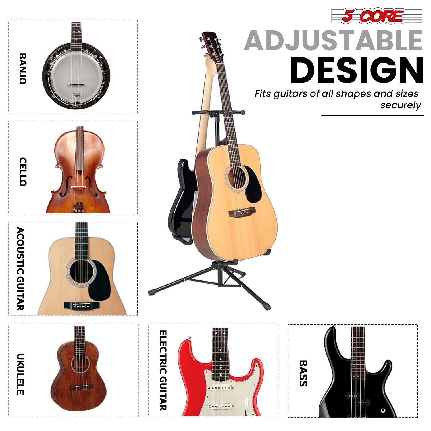 Support de guitare réglable double supports de guitare au sol avec support de manche universel pour instruments acoustiques électriques classiques basse pliable portable noir - GSH 2N1