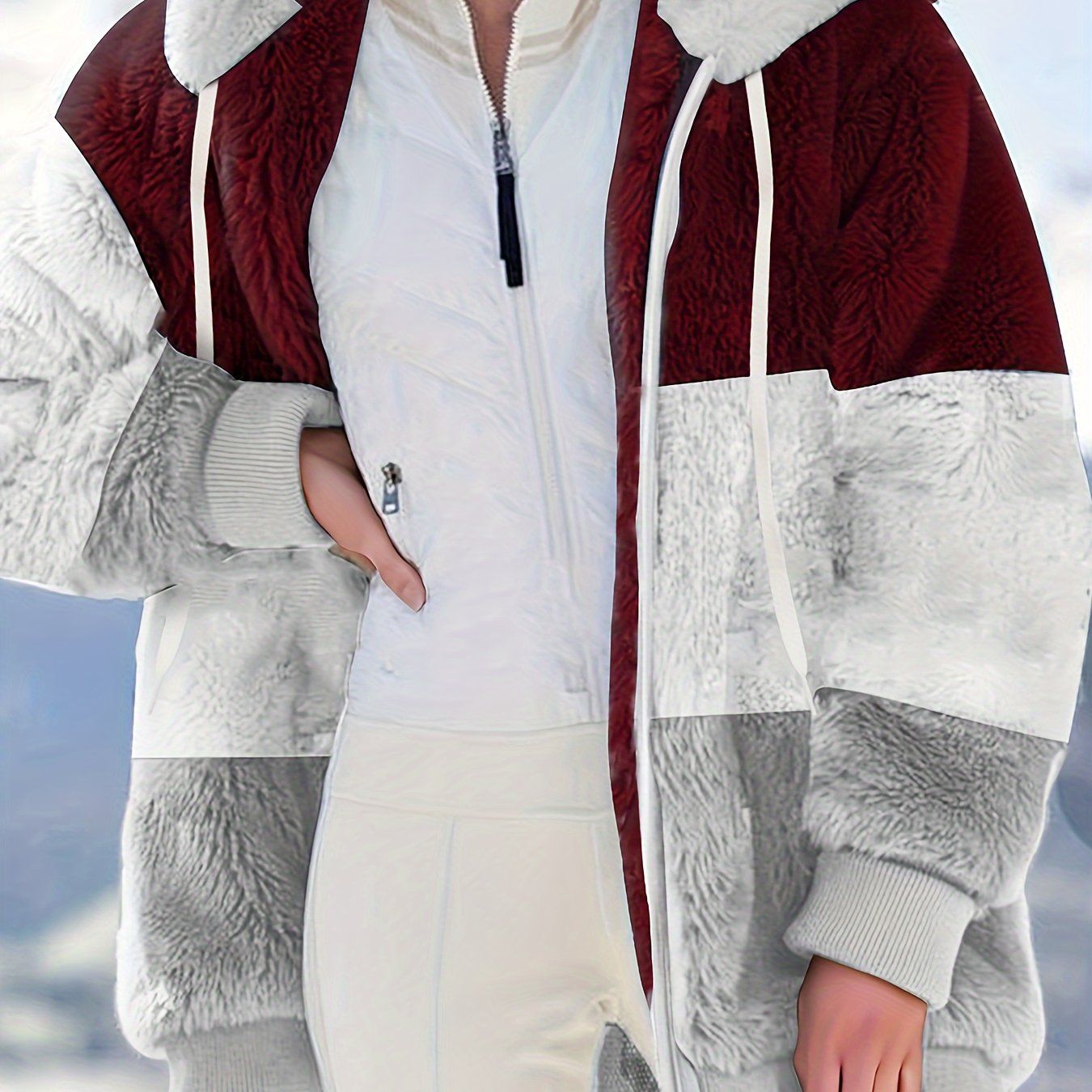 Farbblock Teddy-Fleece-Mantel mit Kapuze, lässige Winterjacke mit Reißverschluss und langen Ärmeln, Damenbekleidung