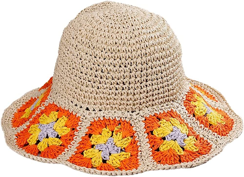 Damen Stroh Sonnenhut Blumen Gewebter Fischerhut Strandhut Handgewebter Faltbarer Hut