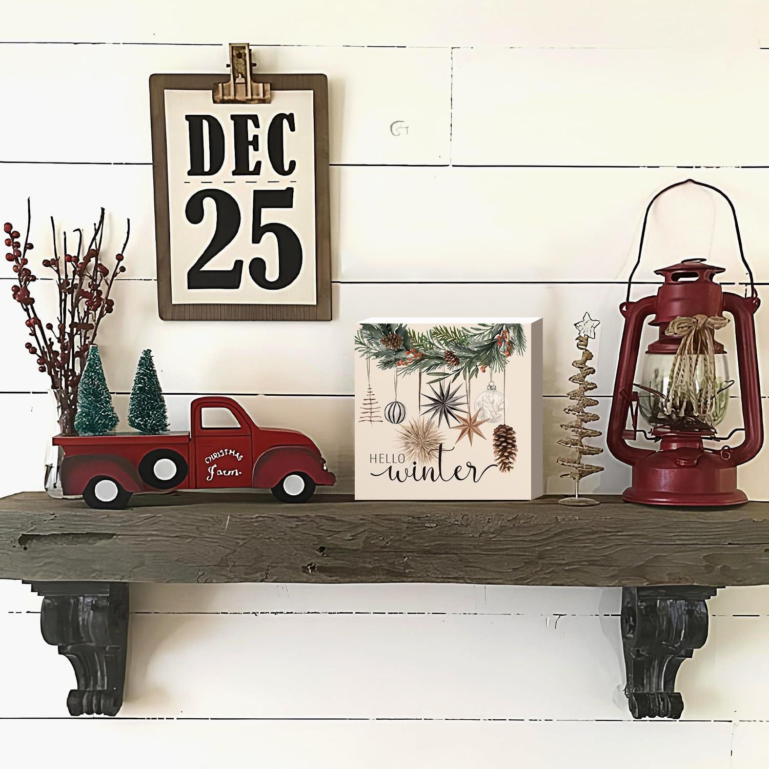 Weihnachtsdekoration Roter LKW Weihnachten Holzschilder Büffel Plaid Weihnachtsdekoration Weihnachtsdekoration für Zuhause Büro Schlafzimmer Kamin Auto Etagenablage Dekoration Weihnachtsgeschenke für Frauen 5x5