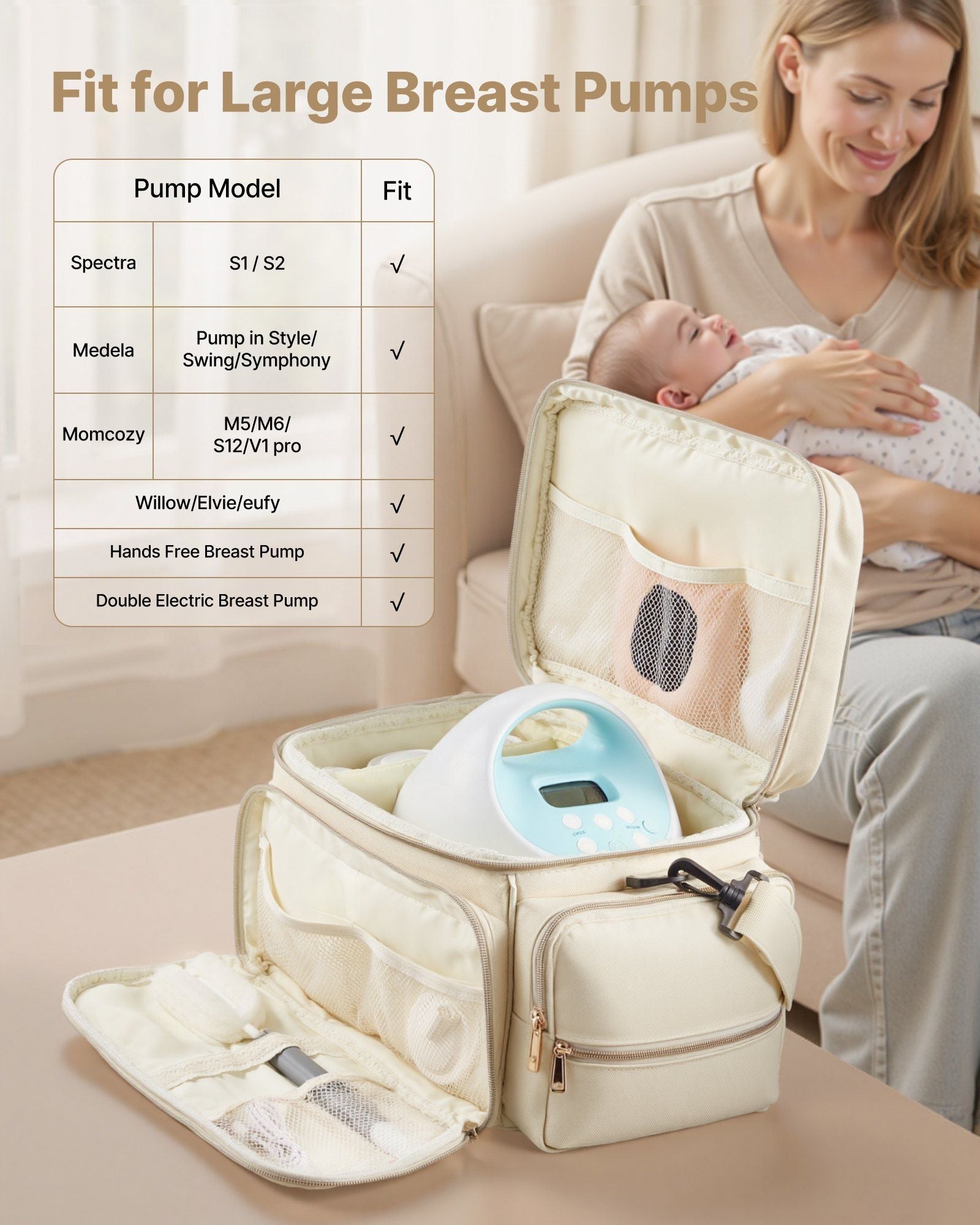 Sac pour tire-lait VEVOR, sac d'allaitement avec tapis imperméable, convient aux modèles S1/S2, accessoires de pompage et rangement de lait maternel, sac de transport portable pour le travail, les voyages et l'utilisation familiale, beige