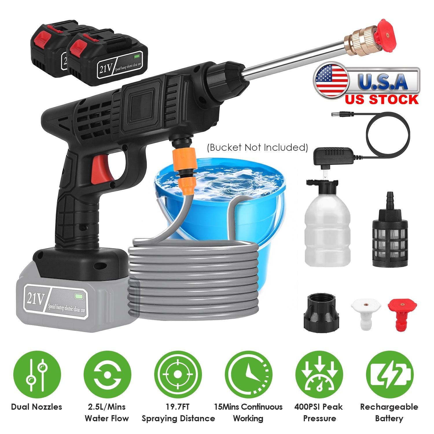 Nettoyeur haute pression sans fil portable électrique 400 PSI pour voiture avec buses 0° et 40°, réservoir à mousse, filtre, batterie 21V 1200mAh et chargeur