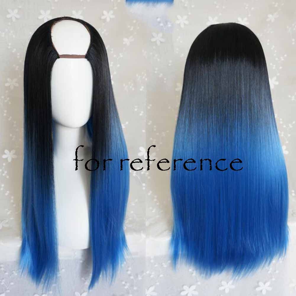 Schwarz Blau 65 cm U-förmige zweifarbige Cosplay-Vollperücke lange glatte Haarperücke Halloween-Verkleidung