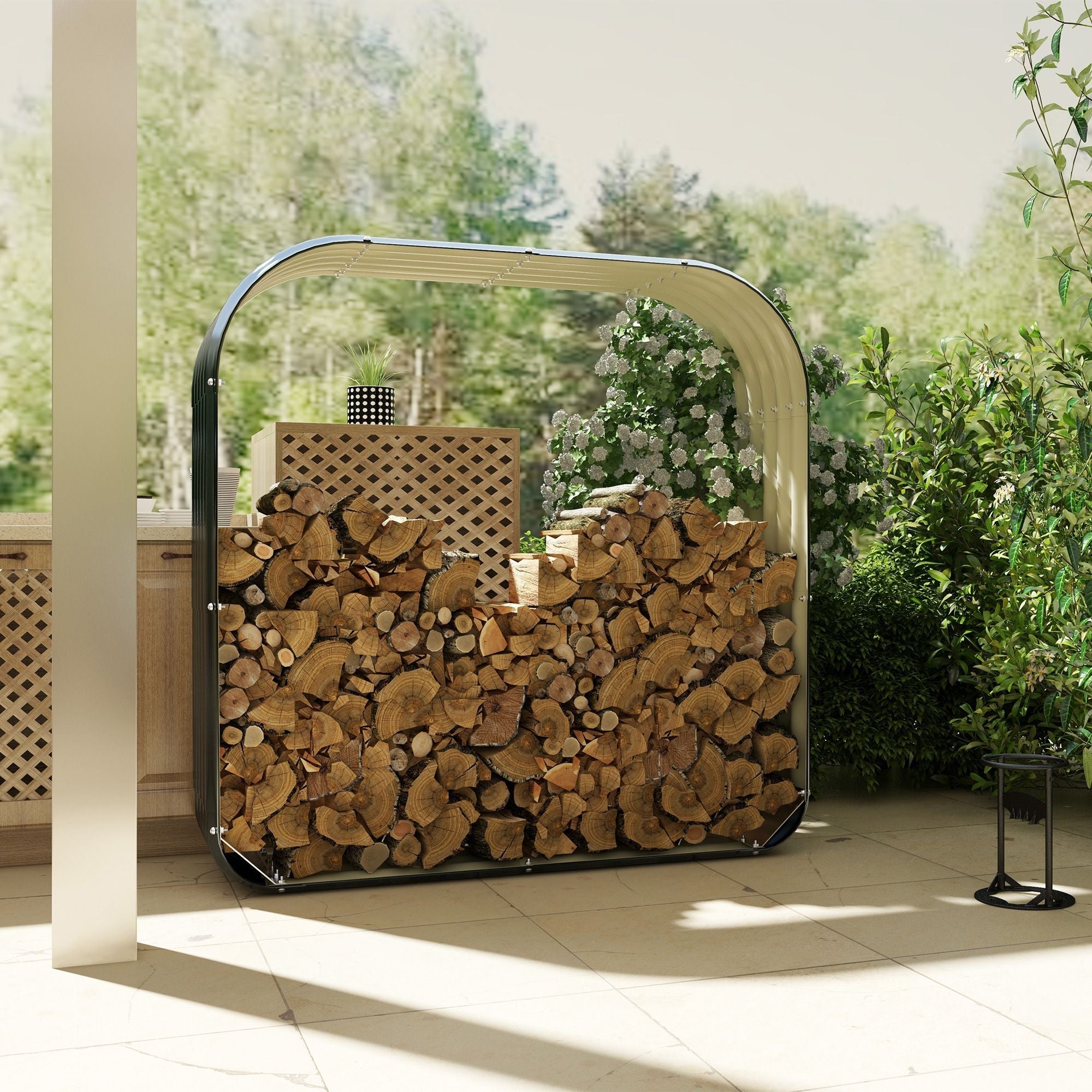 Outsunny Holzschuppen Brennholzregal aus verzinktem Stahl mit gummiertem Rand für Sicherheit, 143 x 42 x 143 cm